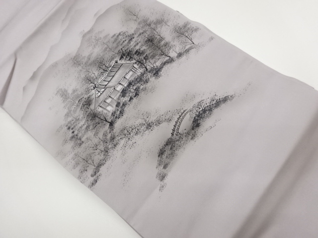 塩瀬手描き民家風景模様織出し名古屋帯